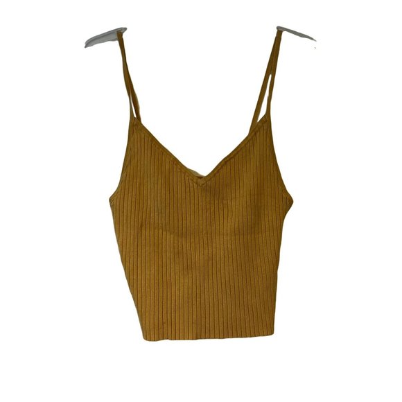 KENDALL & KYLE Crop Top Spaghetti Strap Ribbed Mustard Rayon Blend Size Large - Picture 1 of 9